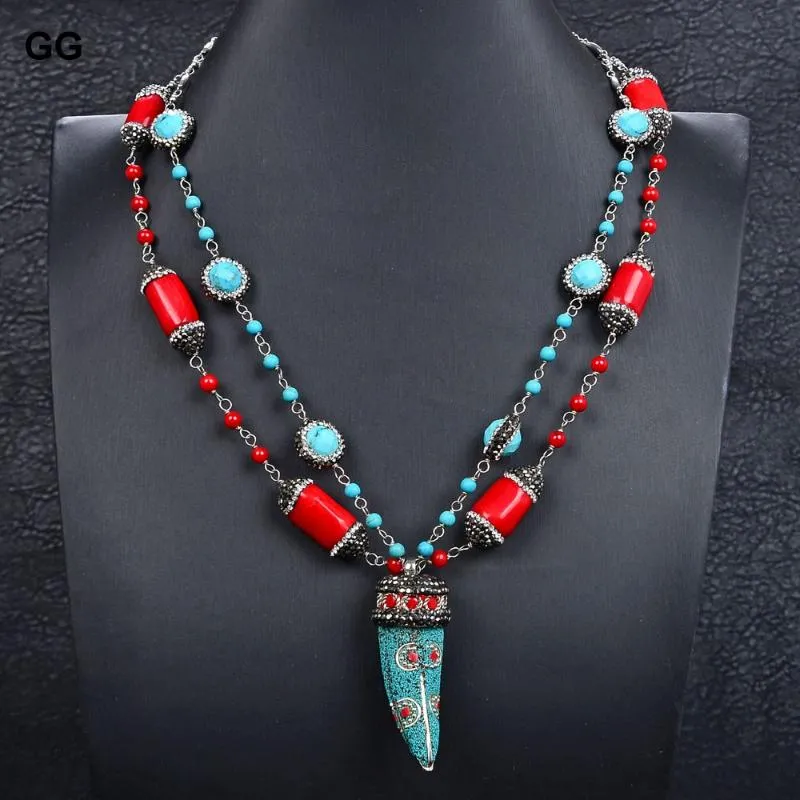 Chaînes Bijoux 19 '' Belle Ethnique Rouge Cylindrique Corail Bleu Rond Turquoise CZ Macersite Pavé Perles Pendentif Chaîne CollierChaîne