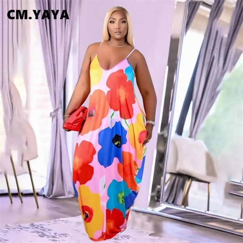 CM.YAYA Women Plus Size Dress Print Sleeveless Strap V-neck Loose Long Maxi Dress with Pockets Fashion Vestidos Summer Outfits 220516