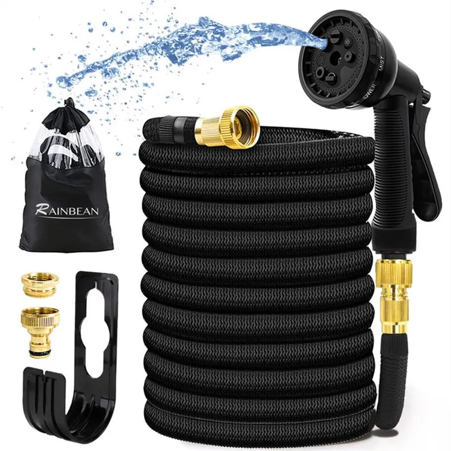 Garden hose, flexible and durable magic hose with 8-function sprayer/hose hanger/storage bag/brass connector, (25 feet/black) a06223E