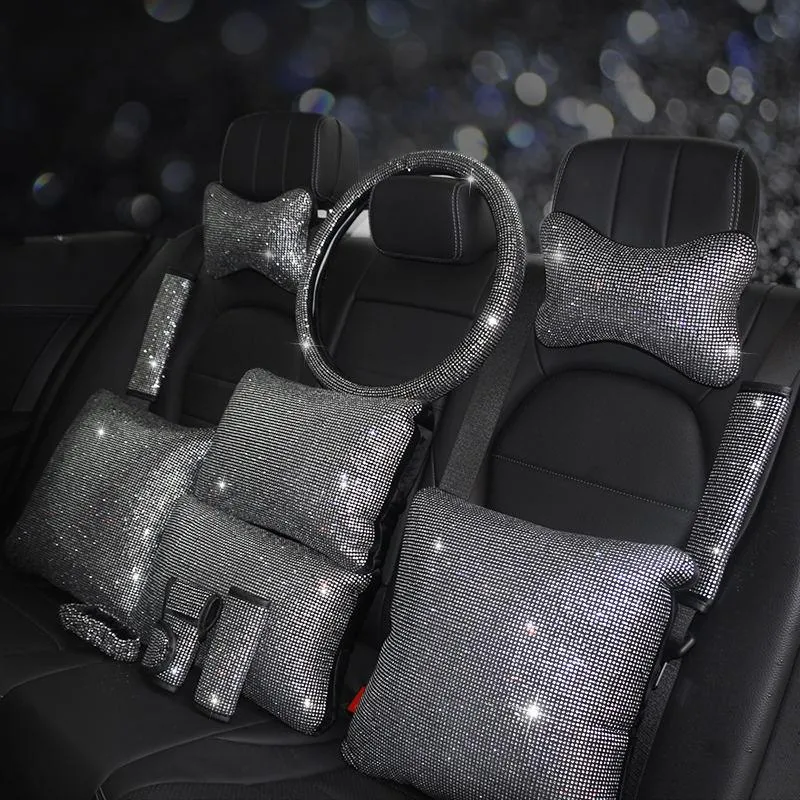 Steering Wheel Covers Sliver Rhinestones Crystal Luxury Car Seat Belt Cover Pad Armrest Auto Interior AccessoriesSteering