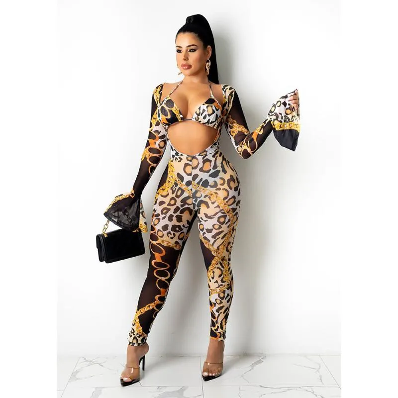 Kvinnors tvådelade byxor Kvalitet Fashion Design 2 PCS Kvinnor Set Leopard Bikini Short Tops V-Neck Jumpsuits Sexig Night Club Outfitswomen's