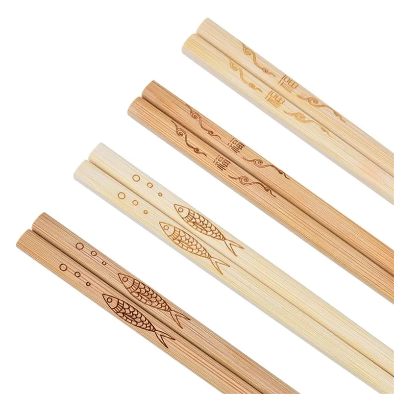 Customized 10 Pairs of Chinese Unpainted Chopsticks Nonslip Carving Food Stick Set Wholesale 220621