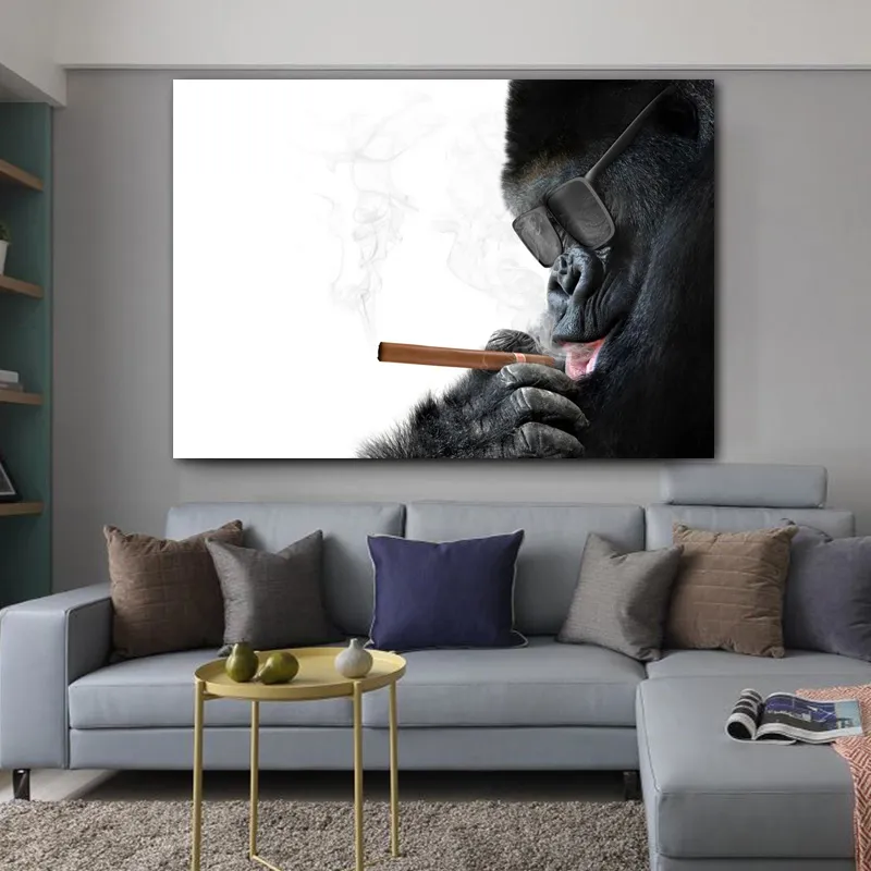 원숭이 흡연 포스터 거실 가정 장식 동물 캔버스 사진 없음 프레임을위한 흑백 벽 그림