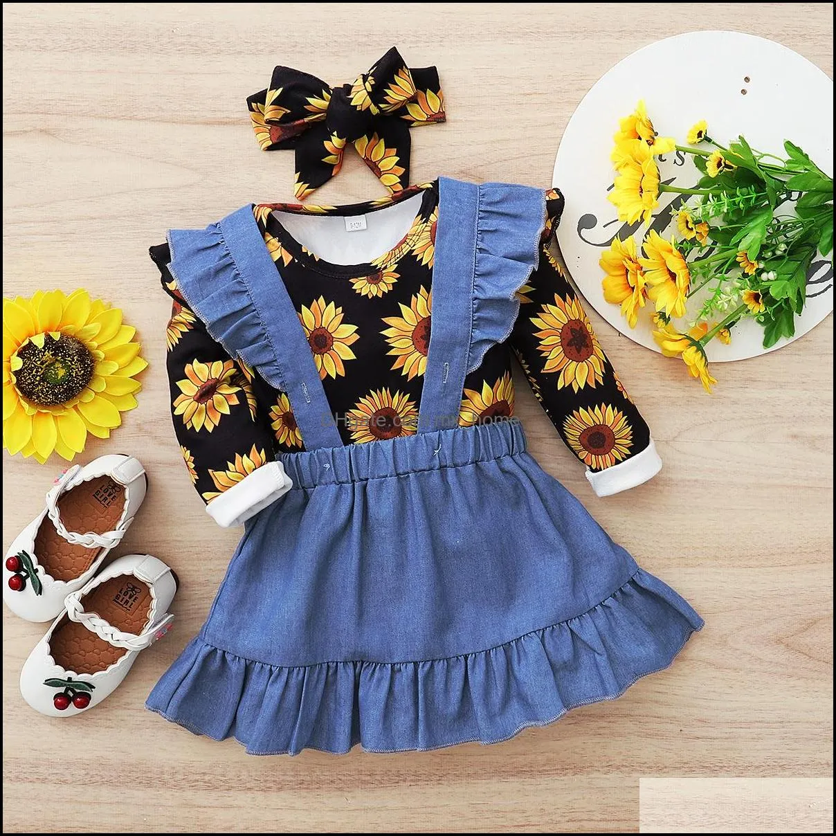 kids clothing sets girls outfits infant sunflower print romper tops ruffle strap dress headband 3pcs/set summer spring autumn fashion baby clothes