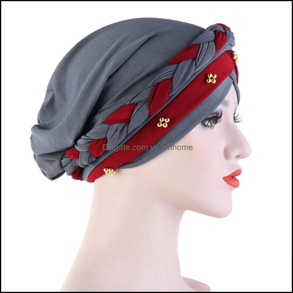 Muslim Women Hijab Hat Chmeo Cap Braid Beads Turban Headscarf Islamic Head Wear Scarf Wrap Beanie Bonnet Stretch Hair Loss Cover