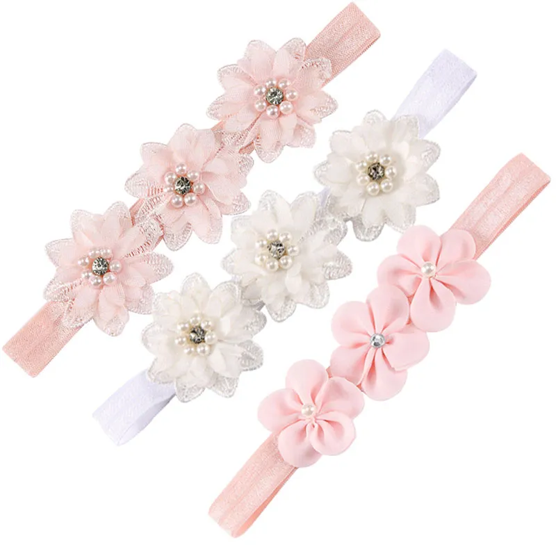 Bandeaux à fleurs de couleur unie pour bébés filles, accessoires de cheveux élastiques pour enfants en bas âge, couvre-chef en perles et cristal, décor pour nouveau-nés