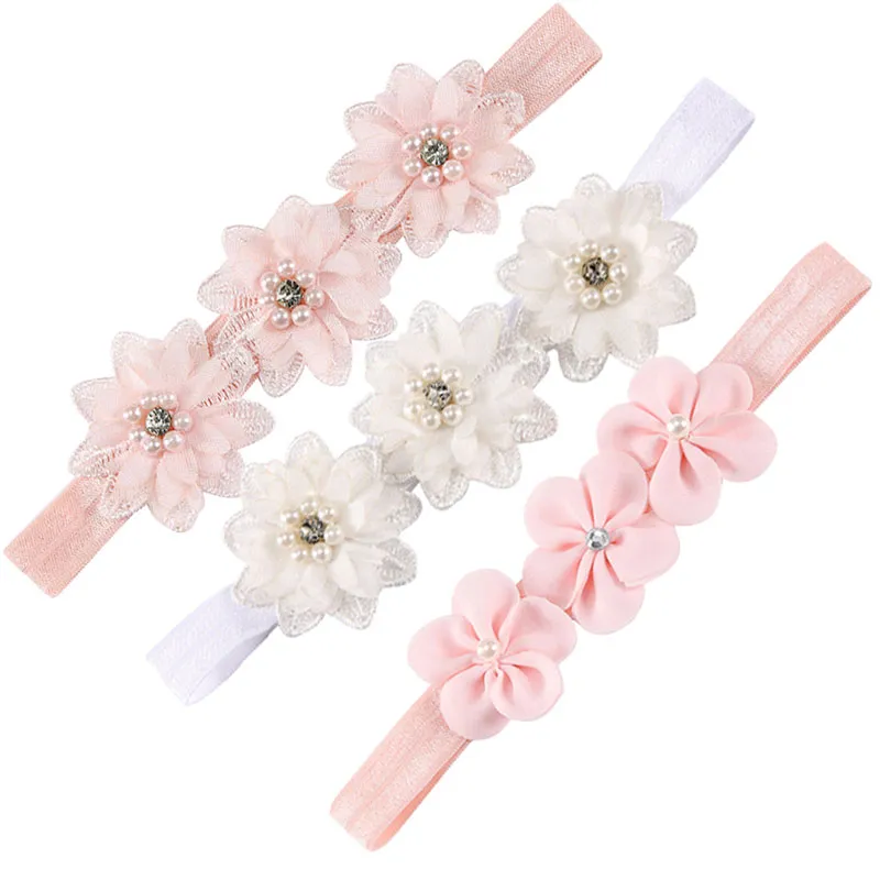 Baby Girls Solid Color Flower Headbands Toddler Elastic Hair Accessories Kids Pearl Crystal Headwear Newborn Decor