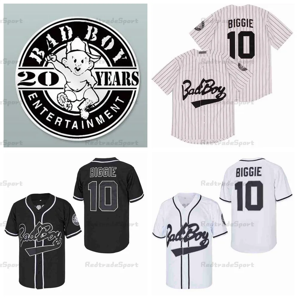 Mens Biggie Smalls 10 Bad Boy Baseball Jerseys는 아픈 검은 흰색 저지 스티치 셔츠 20th 패치 S-XXXL입니다.