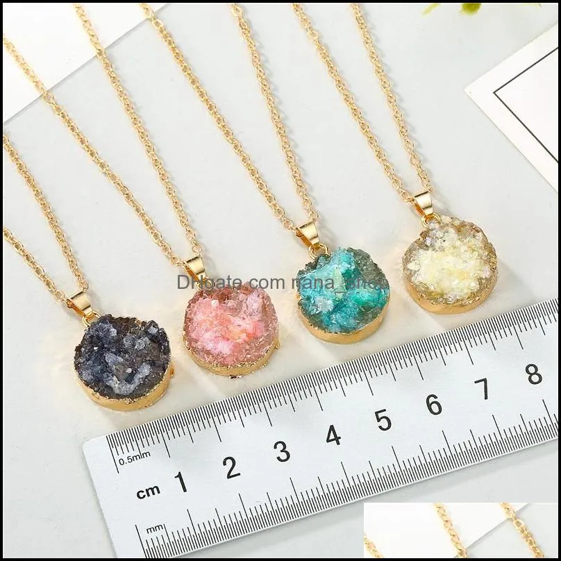 European Oval Round Resin Broken Stone Round Druzy Drusy Pendant Necklace Imitation Natural Stone Chain Necklace for Women Female