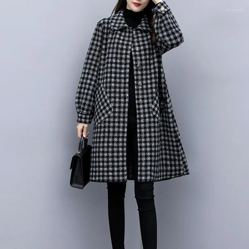 Women's Wool & Blends FTLZZ Autumn Winter Women Long Sleeve Loose Plaid Casual Coat Plus Size Medium Length Tweed Single Breasted Bery22