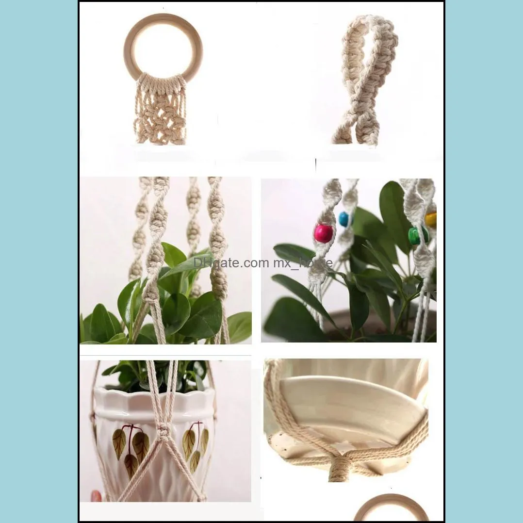 Hanging Baskets Macrame Handmade Cotton Rope Pot Holder Plant Hanger Flower For Indoor Outdoor Boho Home Decoration Countyard Garden With Wood