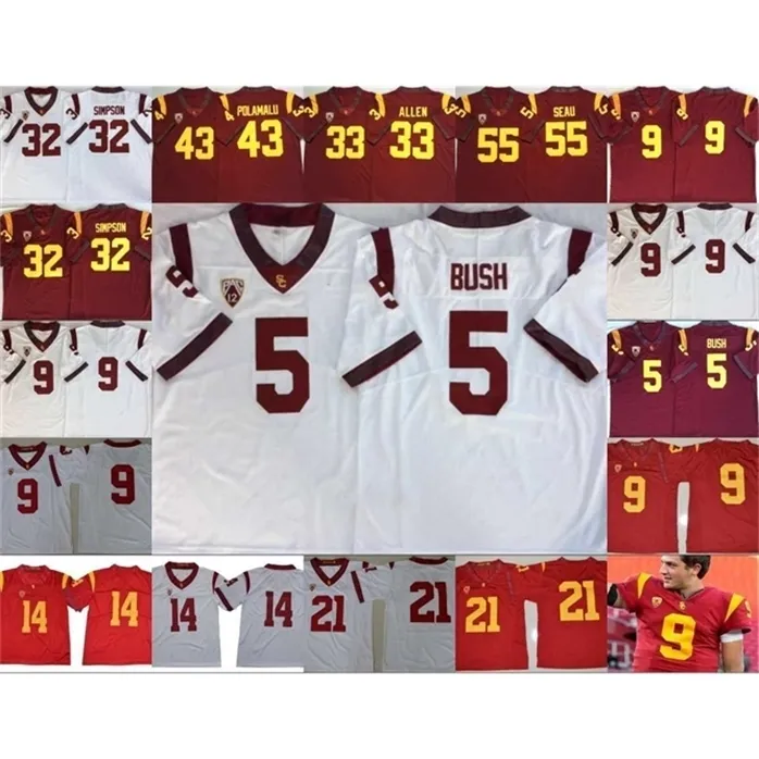 SJ98 USC Trojans Vintage Shisted Mens Jersey Reggie Bush 32 OJ Simpson 14 Sam Darnold 9 KEDON SLOVIS 43 TROY POLAMALU 55 Junior Sau