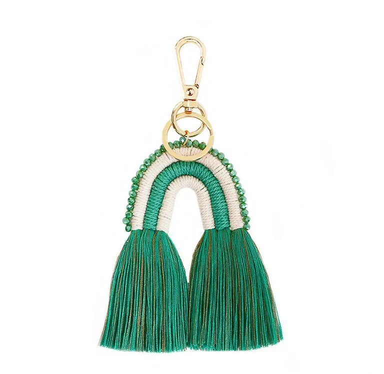 Ethnic Handmade Macrame Key Chains for Women Bags Accessories Jewelry Boho Rainbow Weave Cotton Fringed Keychains Gift Wholesale