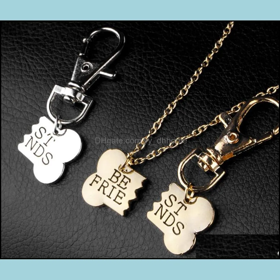 Gold Silver BEST FRIENDS Pendant Necklace pet dog bones jewelry BFF Necklace 2 part dog bones necklace and keychain free ship
