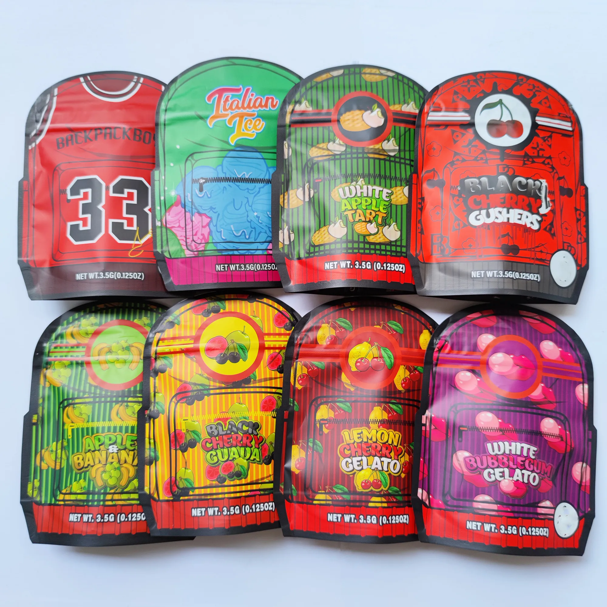 Borse da imballaggio Backpack boyz dalla forma unica irregolare 3,5 g 33 zerbert gelato Backpackboyz richiudibile commestibile Borsa a prova di odore commestibili in mylar Confezione di fiori