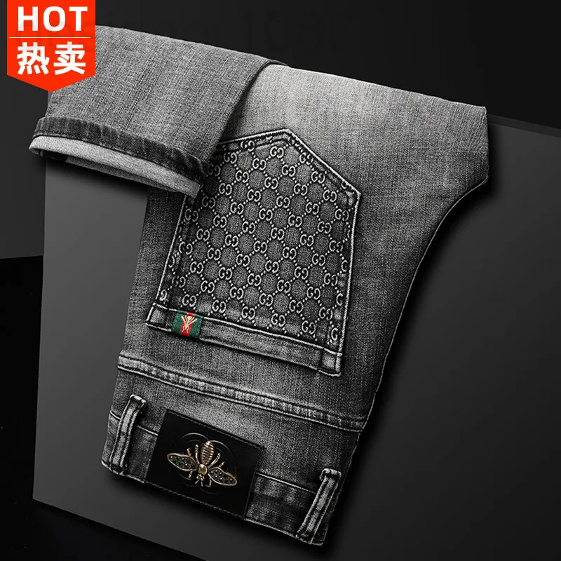 Heren jeans ontwerper Little Bee Spring en herfst rook grijze zwarte jeans heren elastische slanke broek geborduurd vful