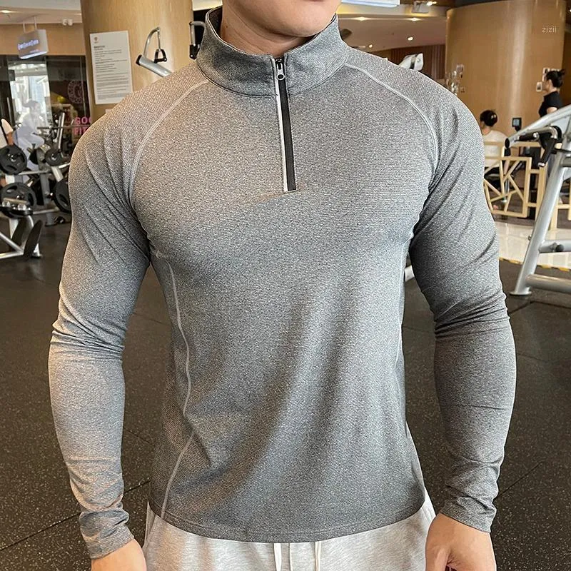 Koszulki do biegania Kompresja Z Długim Rękawem Mężczyźni Fitness Tshirt Spandex Elastyczne Szybkie Suche Sporty Kulturystyka Szkolenia Zipper Kołnierz Koszulki