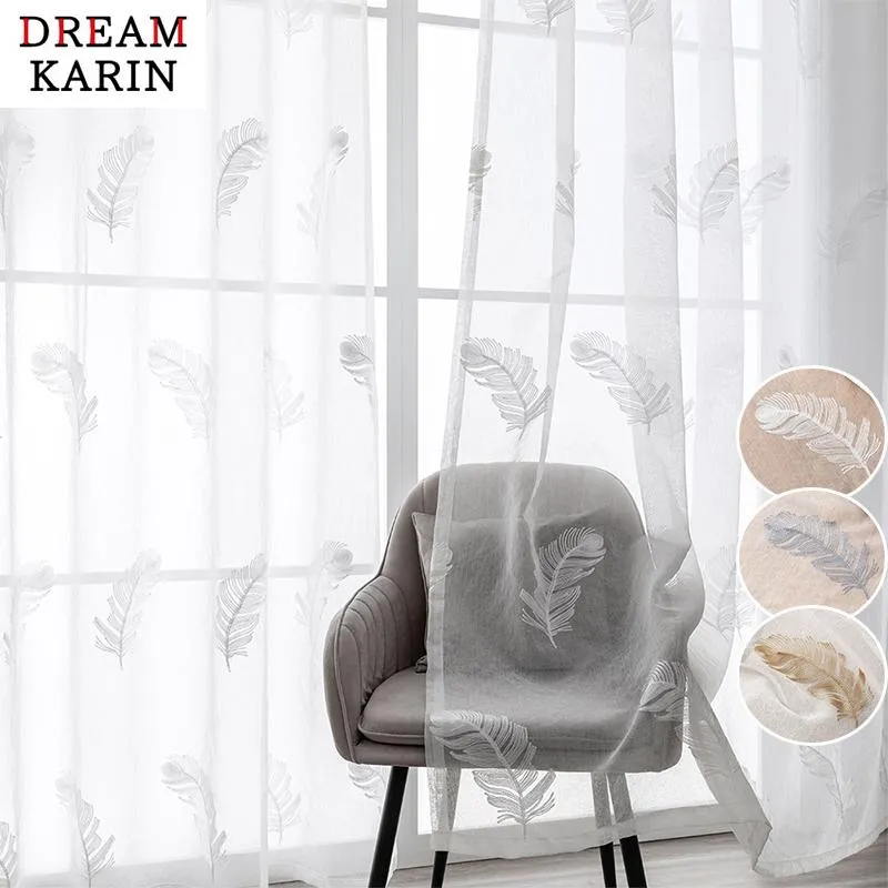 Curtain & Drapes Embroidered Feather White Sheer Curtains For Living Room Bedroom Voile Tulle Window Finished PanelsCurtain