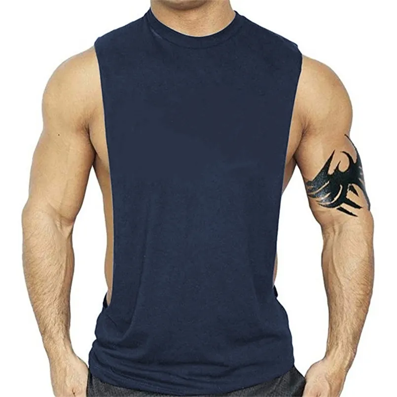 Summer Mens Large Split Tank Tops Cotton Sleeveless Fitness Shirts Casual Male Bodybuilding Singlet Plus Size Solid Gym Vest 220627