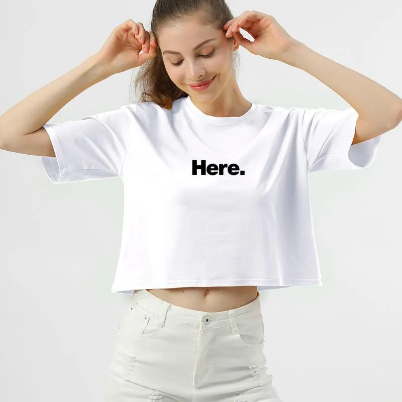 Dames T-shirt Zomer Hier Brief Basic Crop T-shirt Los Casual Harajuku T-shirt Dames Katoen Kawaii Tee Koreaanse Leuke Shirts Kleding Ladie