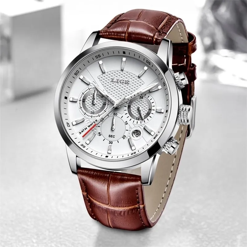Watches Mens LIGE Top Luxury Casual Leather Quartz Men's Watch Business Clock Male Sport Waterproof Date Chronograph 220525