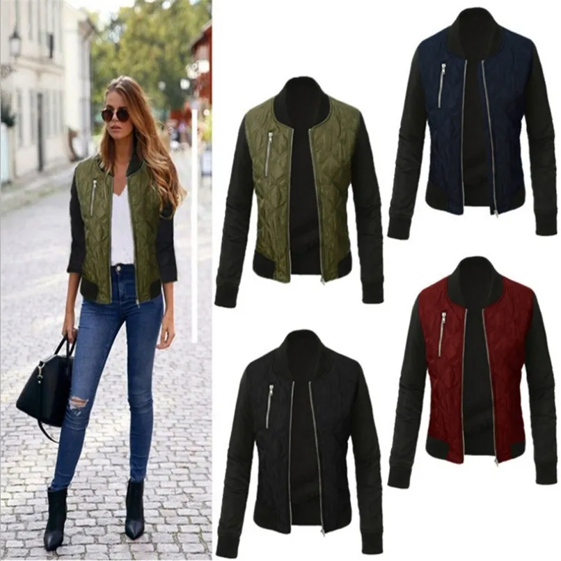 Bikoles Autumn Winter Fashion Solid Women's Jacket Outerwear O Neck Zipper Stitching Quilted Bomber Tops Lady Jacktes Coats 220815