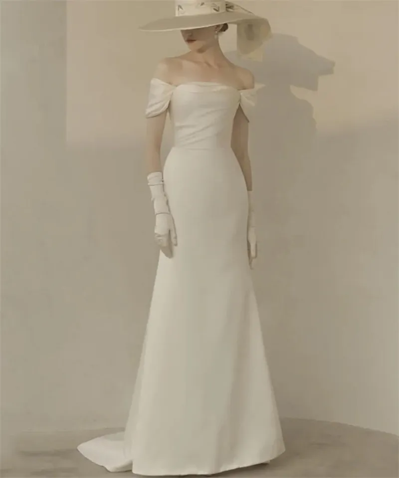 Robe de mariée sirène élégante à épaules dénudées de style français avec train de balayage vintage en satin robes de mariée robes de mairee robes formelles sur mesure