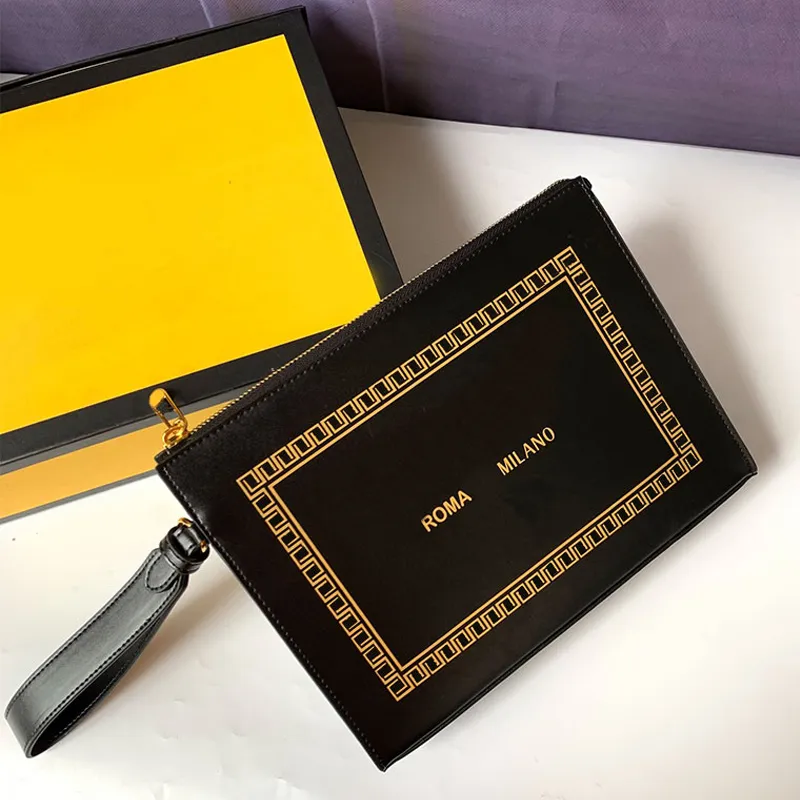 Pochette di marca Portafoglio da uomo Borsa a mano Borsa con stampa con lettere in oro Borsa a mano in vera pelle tinta unita di alta qualità Borse con cerniera hardware