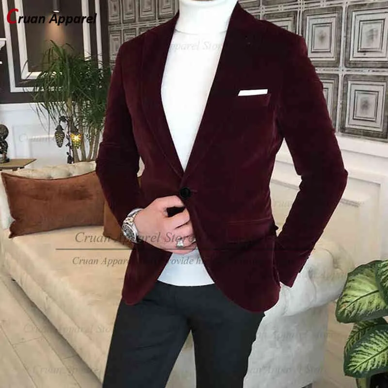 Clásico vino de terciopelo rojo hombres blazers delgados fit de boda chaqueta de novio de boda