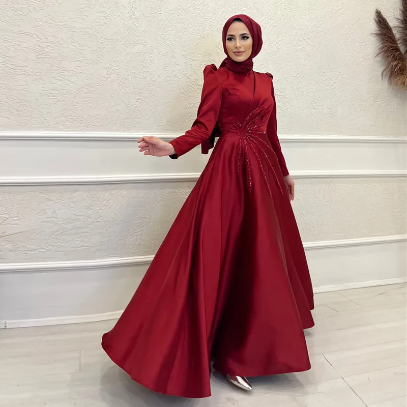 Muslimische Abendkleider aus rotem Satin mit Perlen, arabisch, Dubai, Hijab, formelle Kleider mit Langarm-Rüschenrock, A-Linie, Robes De Soiree 326 326