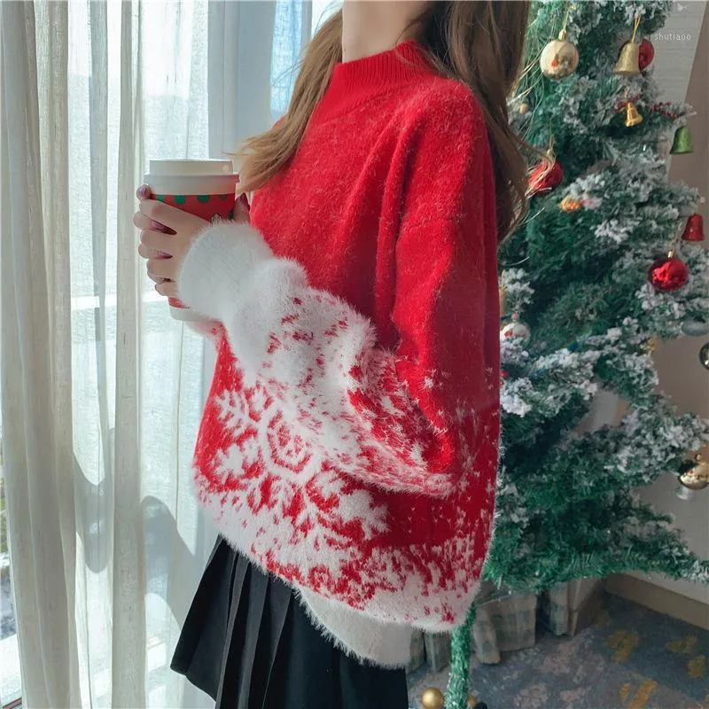 Kobiety swetry jesienne i zimowe kobiety 2022 Świąteczny leniwy wiatr pullover czerwony zachodni styl luźny dziki top
