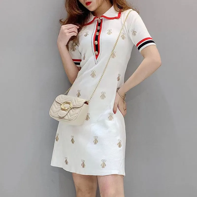 2022 spring and summer bee embroidery knitted dress women's slim casual knee-length shift dresses