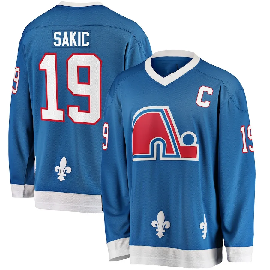 Maglie da hockey Joe Sakic 19 Jersey Quebec Nordiques Blu Bianco Squadre Colore Taglia M-XXXL Uomo cucito