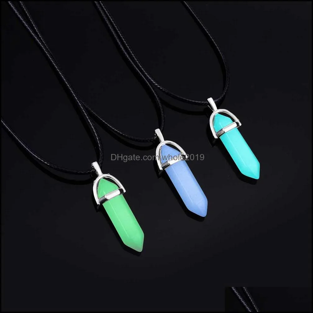 fashion luminous stone fluorescent hexagonal column necklace natural crystal stone pendant leather chains necklace
