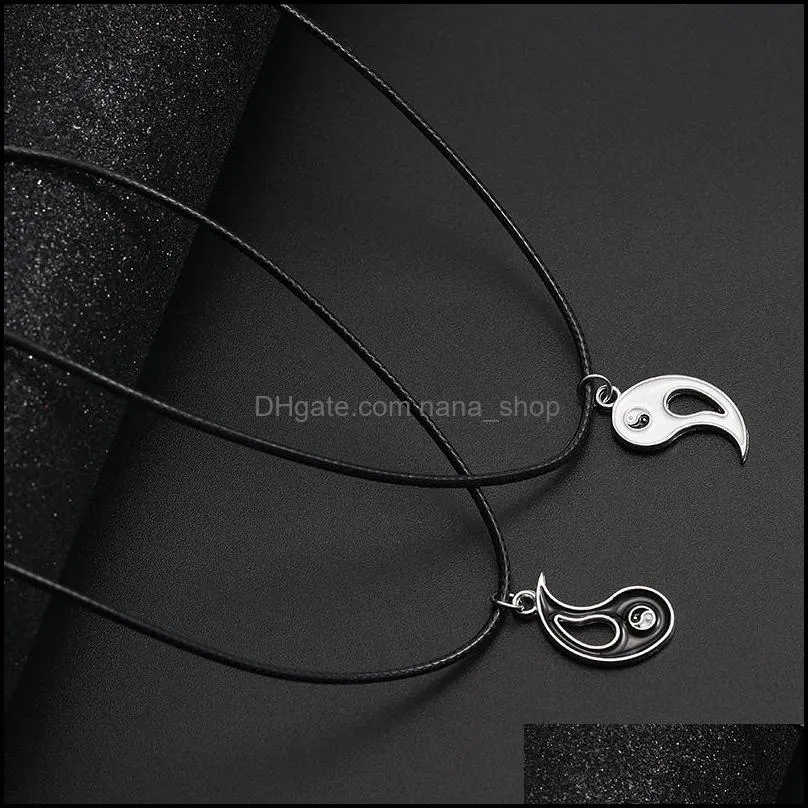Unique Design Splice Gossip Tai Chi Yin Yang Necklaces For Women Leather Rope Pendant Black White Friendship Couple Christmas Valentine