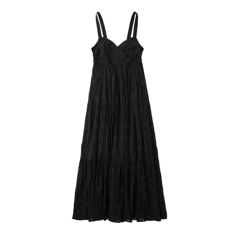 Kvinnors blusar skjortor Kläder Kvinnor Sexig broderi Rem Vestido Hollow Out V Neck ärmlös Backless Vintage Chic Black Vestidos WA9