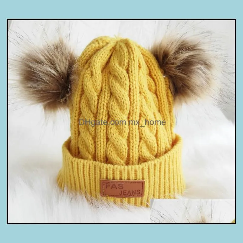 Baby Knitted Wool Hats Faux Fur Ball Pom Poms Crochet Caps Winter Warm Infant Kids Boys Girls Beanie Cap Hair Accessories 9 Colors dhl