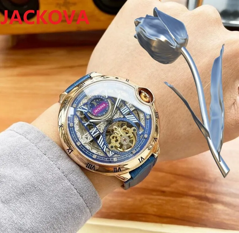 남성 자동 기계식 시계 46mm Tourbillon 대통령 스위스 블랙 브라운 정품 가죽 중공 해골 손목 시계 방수 일주일 달력 시계