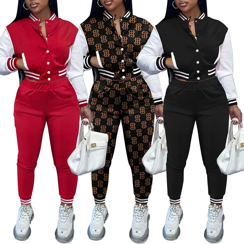 Kvinnors träningsdräkter Autumn Winter Baseball Uniform Sexig tvådelar Set Stitching Jacket Topps Pants Set Lounge Tracksuit Women Sports Wear