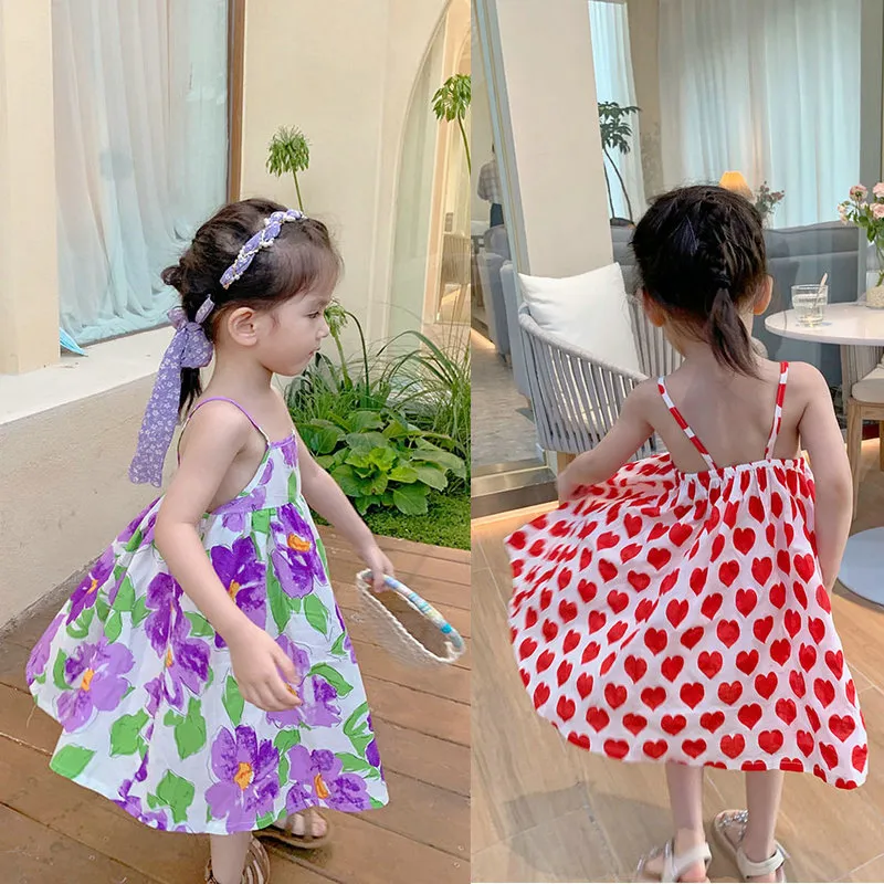 15930 Zomer Babymeisjes Casual Dress Strap Princess Dress Dress Kinderen Kinderen Bloemen Hartprint Katoenen jurken