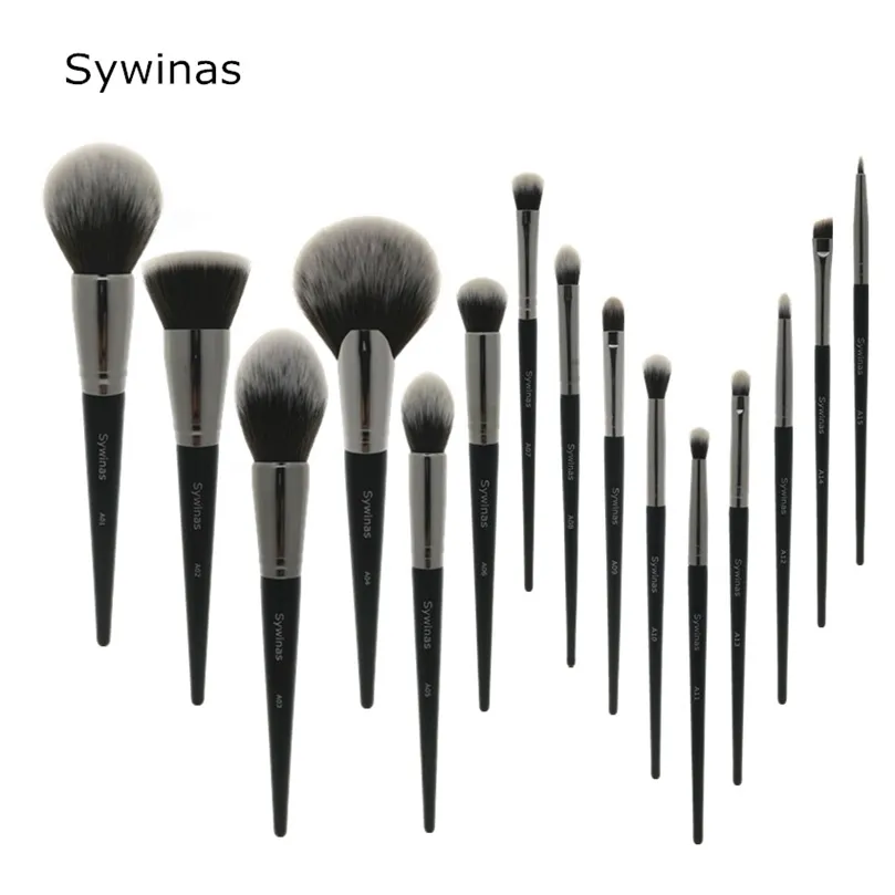 Sywinas 메이크업 브러시 세트 15pcs 고품질 블랙 천연 합성 헤어 네이크 업 브러시 도구 키트 전문 메이크업 브러시 220601