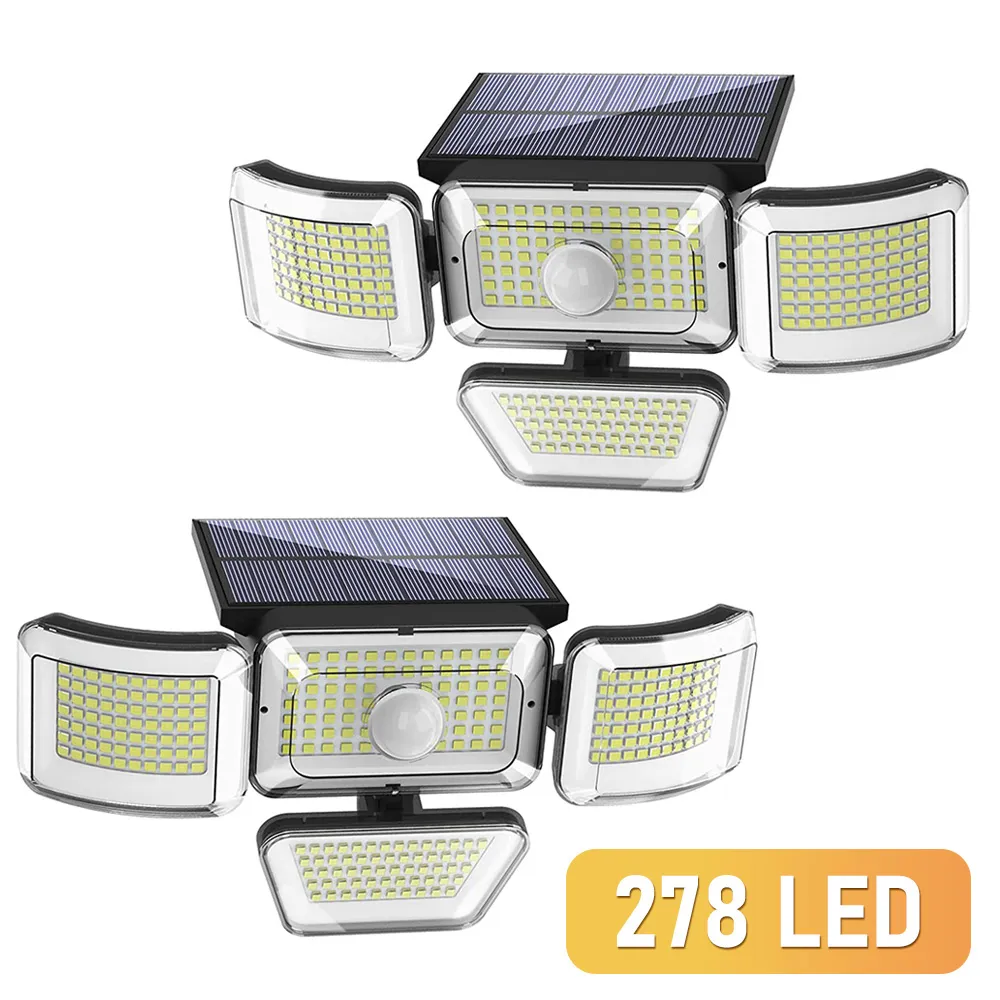 278 LED Güneş Işıkları Açık 4 Kafa Hareket Sensörü İnsan İndüksiyonu 2200mAH Lityum Pil Su geçirmez Güneş Avlu Duvar Lambası