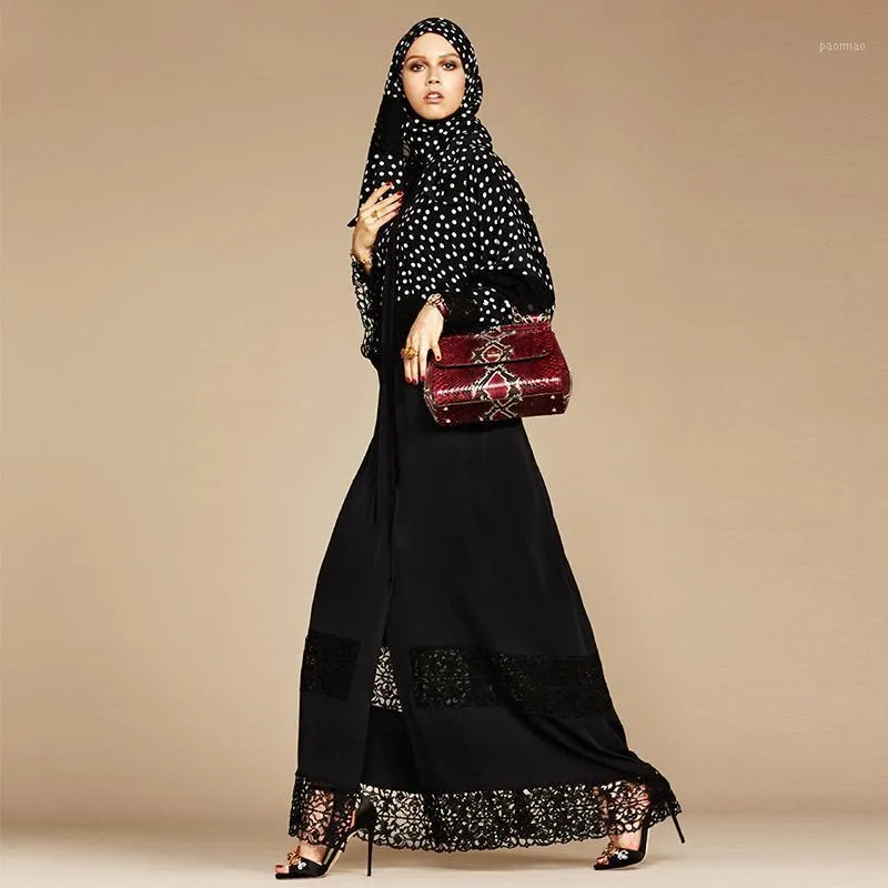 Etnische kleding Polka Dot Lace Patchwork Muslim Kimono Abaya voor vrouwen Marokkaanse Dubai Turkije Hijab -jurk Ramadan Eid Mubarak 2022