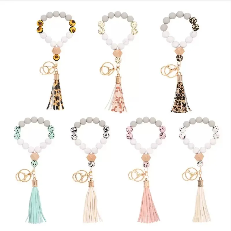 Stock Silicone Bead Bracelet Female Tassel Key Chain Party Favor Pendant Bracelets Rubber Wristband Fashion Keychain Wristlet Bangles Holder Wrist Ring Jewelry