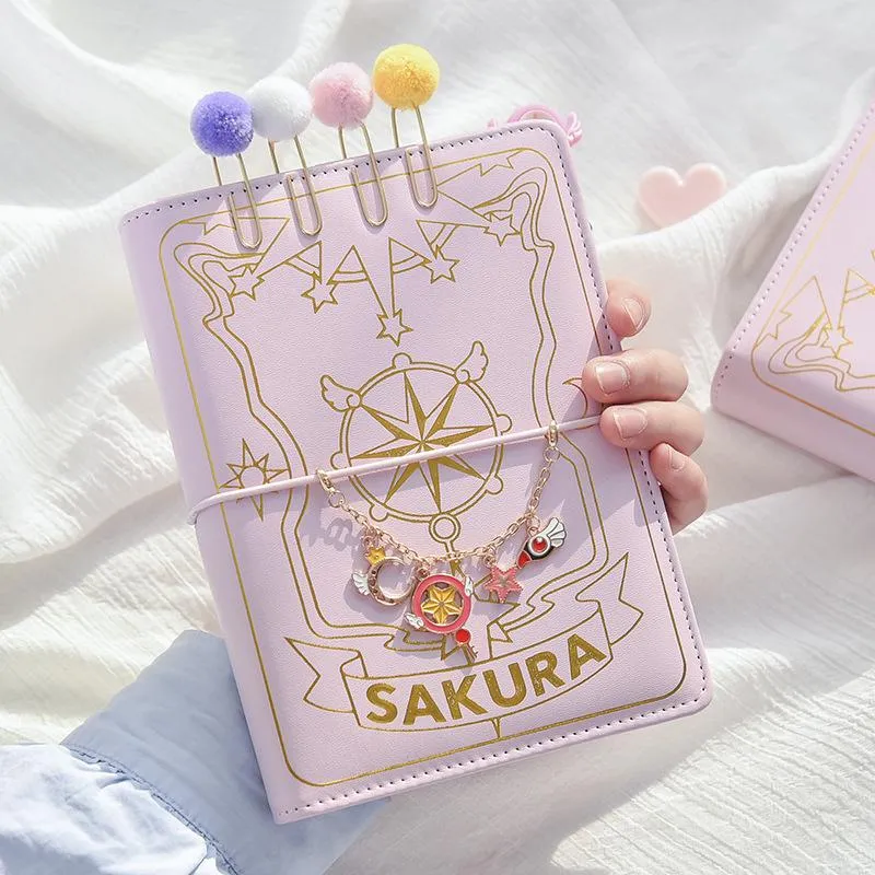 Notepads Cute Pink Sakura Anime Loose-leaf Diary Notebook Colorful Pages Spiral 6 Holes Binder Journals Planner Stationery SetNotepads