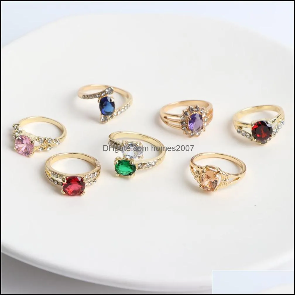 50Pcs/Lot Fashion Sparkling Zircon Gold Color Rings For Women Engagement Wedding Jewerly Colorful Party Gift Wholesale