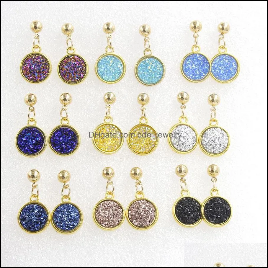 new arrival druzy drusy resin earring for women sparkly dome seals round bling bling dangle earring simple valentine`s day jewelry