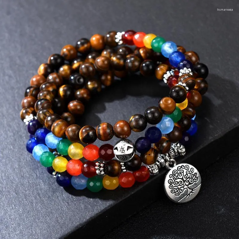 Fili di perline 7 Chakra Bracciale Uomo 108 Perline Mala Buddha Buddismo Guarigione Occhio di tigre 6mm Pietra naturale Con ciondolo albero della vita Trum22