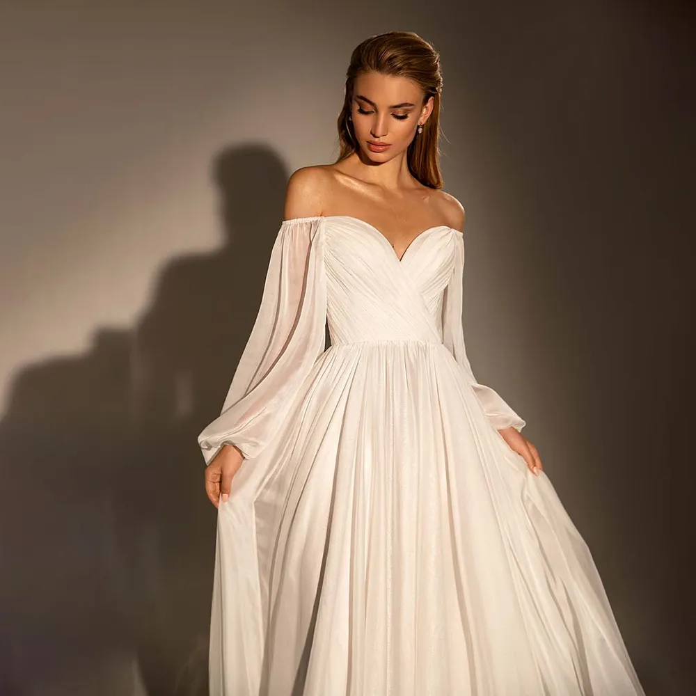 Simple 3D Chiffon Bishop Sleeve Wedding Dress with Off-Shoulder Crisscross , Backless and Sleeves - Perfect for The Modern Bride