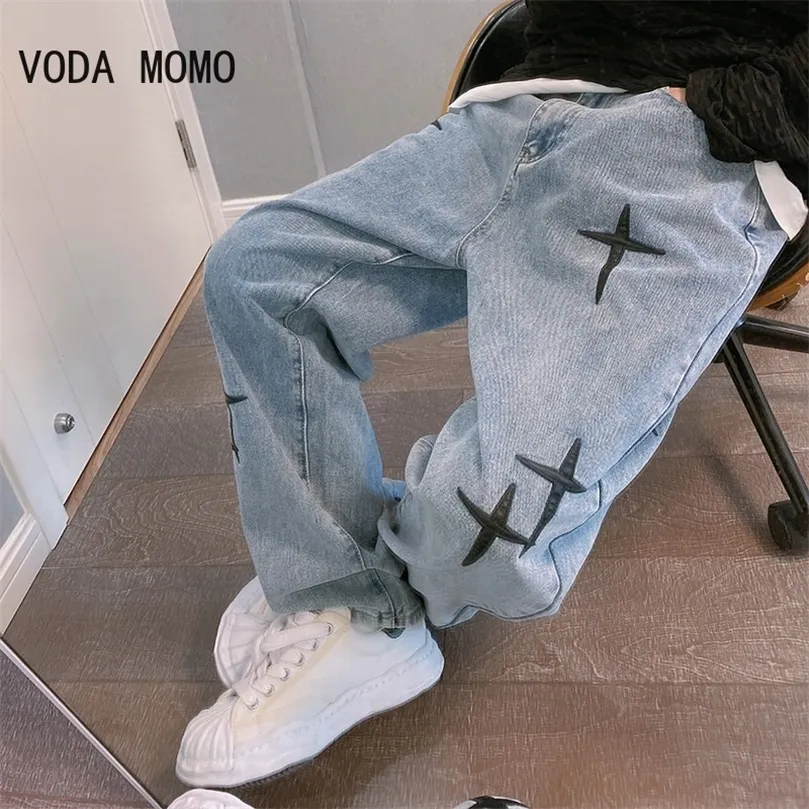 Szerokie nogi spodni streetwear workowate mężczyzn dżinsy wiosna jesień mężczyzn Koreańska moda luźna prosta męska marka odzieży czarna 220720